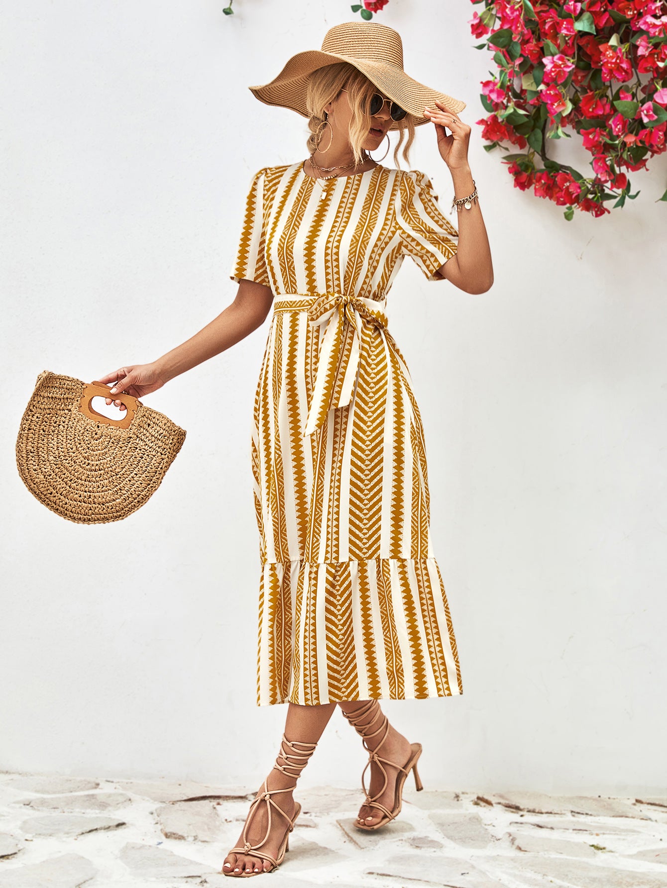 Striped Tie Belt Round Neck Puff Sleeve Dress - SELFTRITSS   