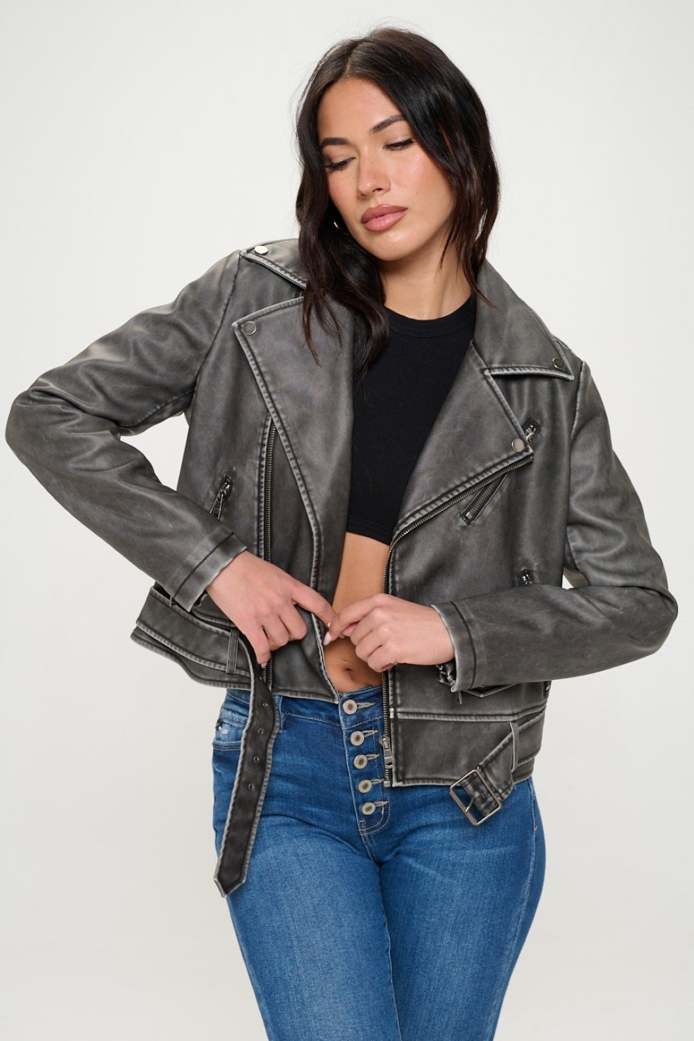 Coalition LA Zip Up Biker Jacket with Belt - SELFTRITSS   