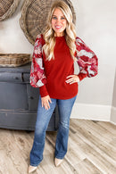 Fiery Red Contrast Mixed Animal Print Lantern Sleeve Patchwork Top - SELFTRITSS