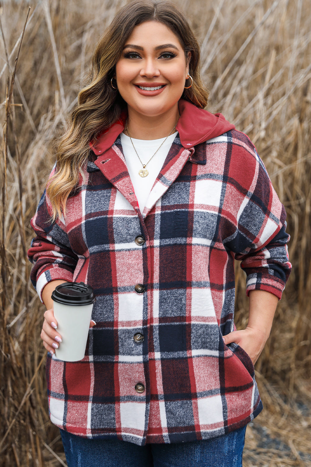 Red Printed Plus Size Plaid Button up Hooded Jacket - SELFTRITSS