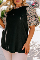 Black Daisy Printed Short Bubble Sleeve Plus Size Tunic Top - SELFTRITSS