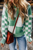 Mint Green Checkered Print Drop Shoulder Sweater - SELFTRITSS   