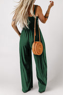 Green Smocked Sleeveless Wide Leg Jumpsuit with Pockets - SELFTRITSS