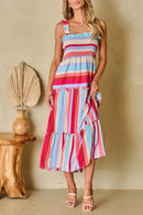 Striped Frill Smocked Tiered Midi Dress