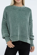 Sage Washed Side Slit Oversized Cropped Sweater