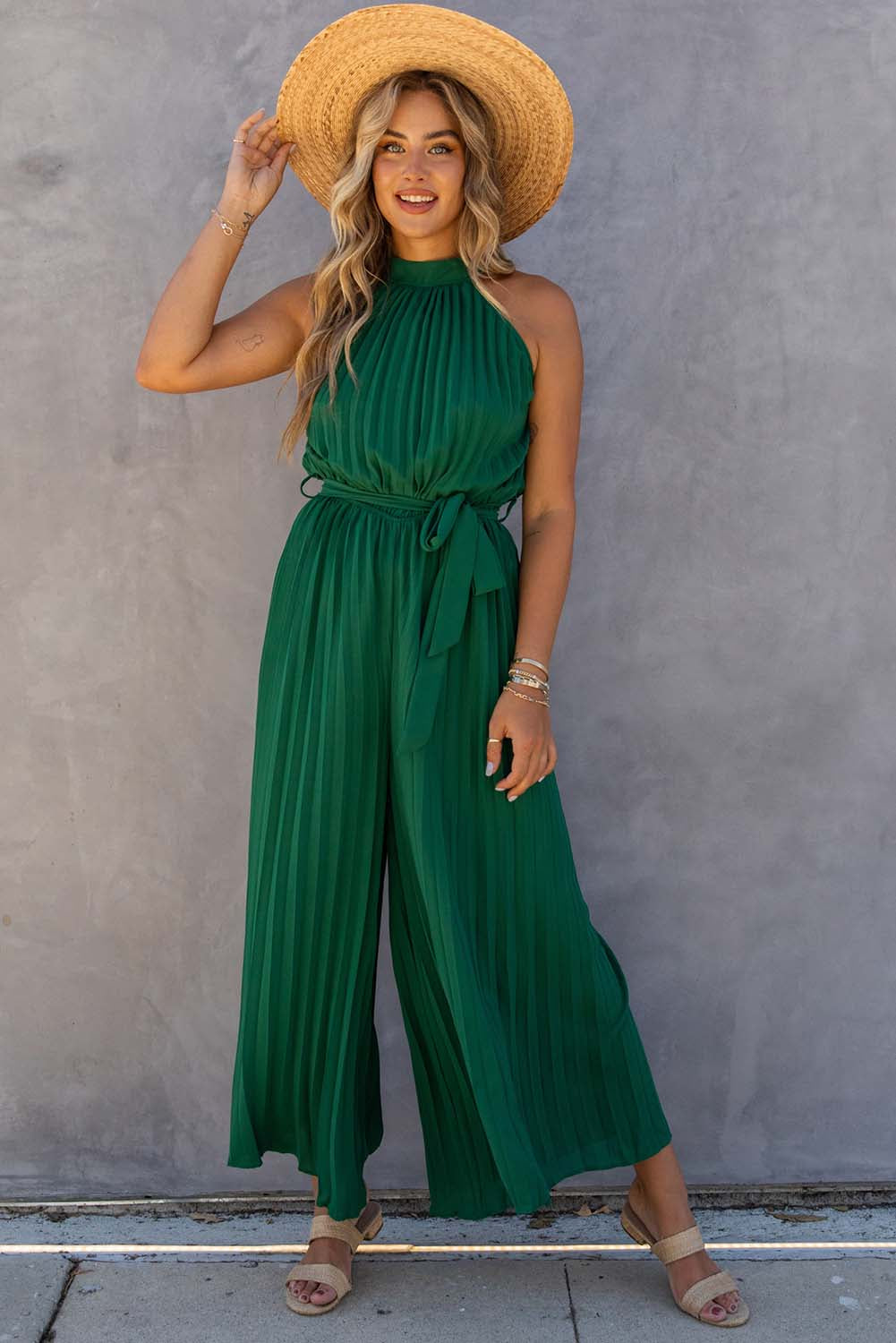 Green Halter Neck Pleated Wide Leg Jumpsuit with Belt - SELFTRITSS   