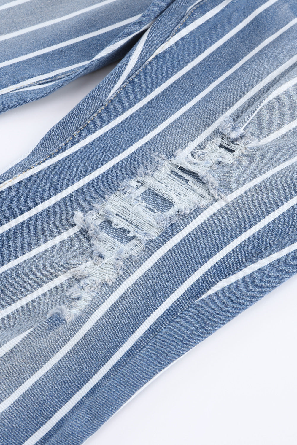 Sky Blue Vertical Striped Ripped Flare Jeans - SELFTRITSS