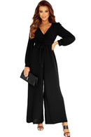 Black Cutout Back Belted V Neck Wide Leg Jumpsuit - SELFTRITSS   