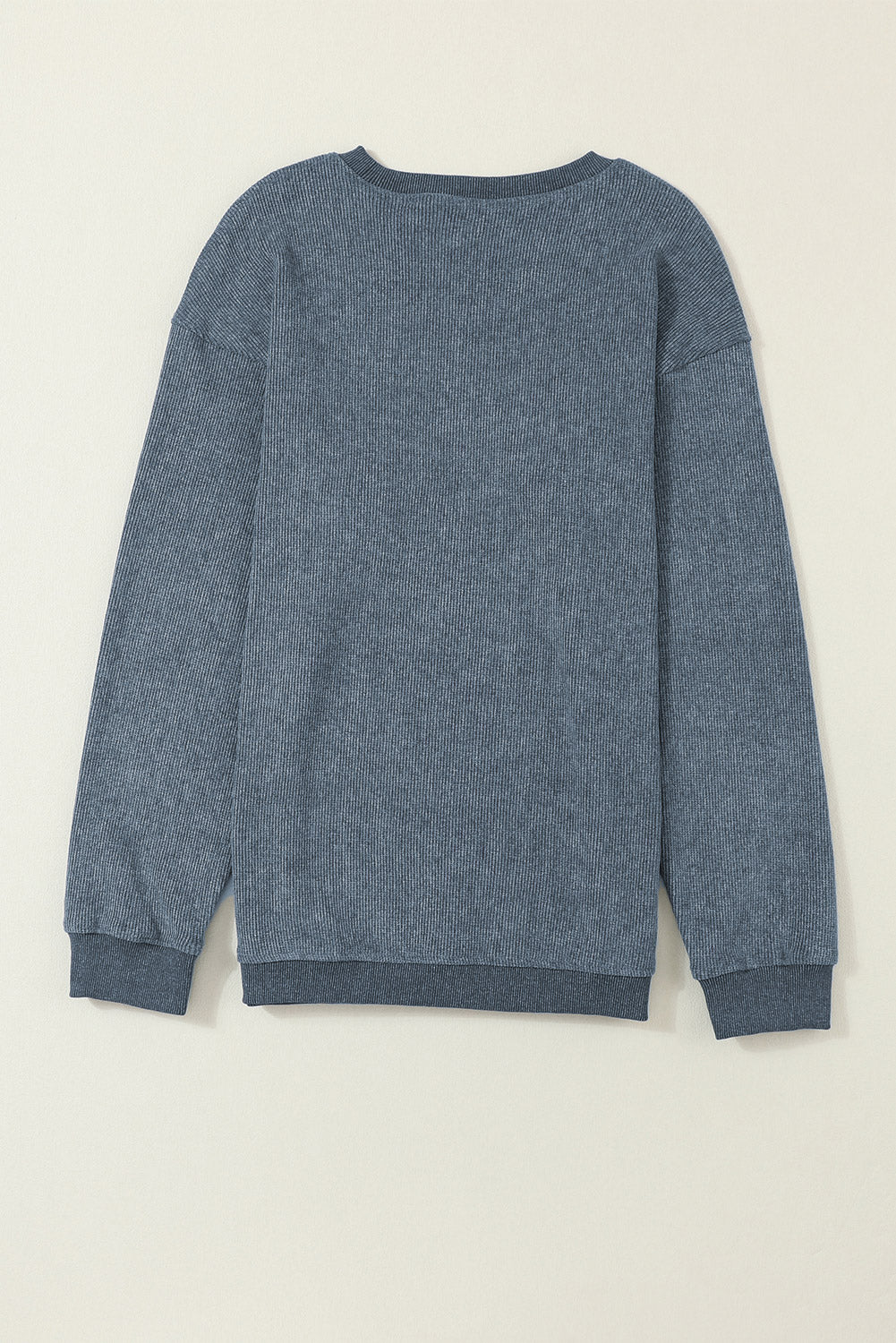 Blue Solid Ribbed Knit Round Neck Pullover Sweatshirt - SELFTRITSS   