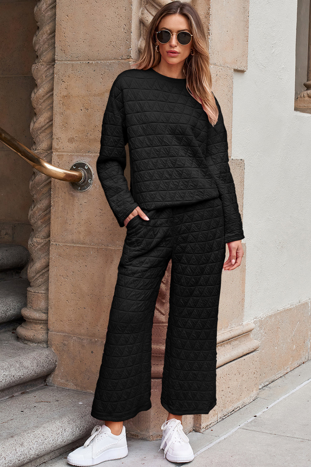 Black Solid Quilted Pullover and Pants Outfit