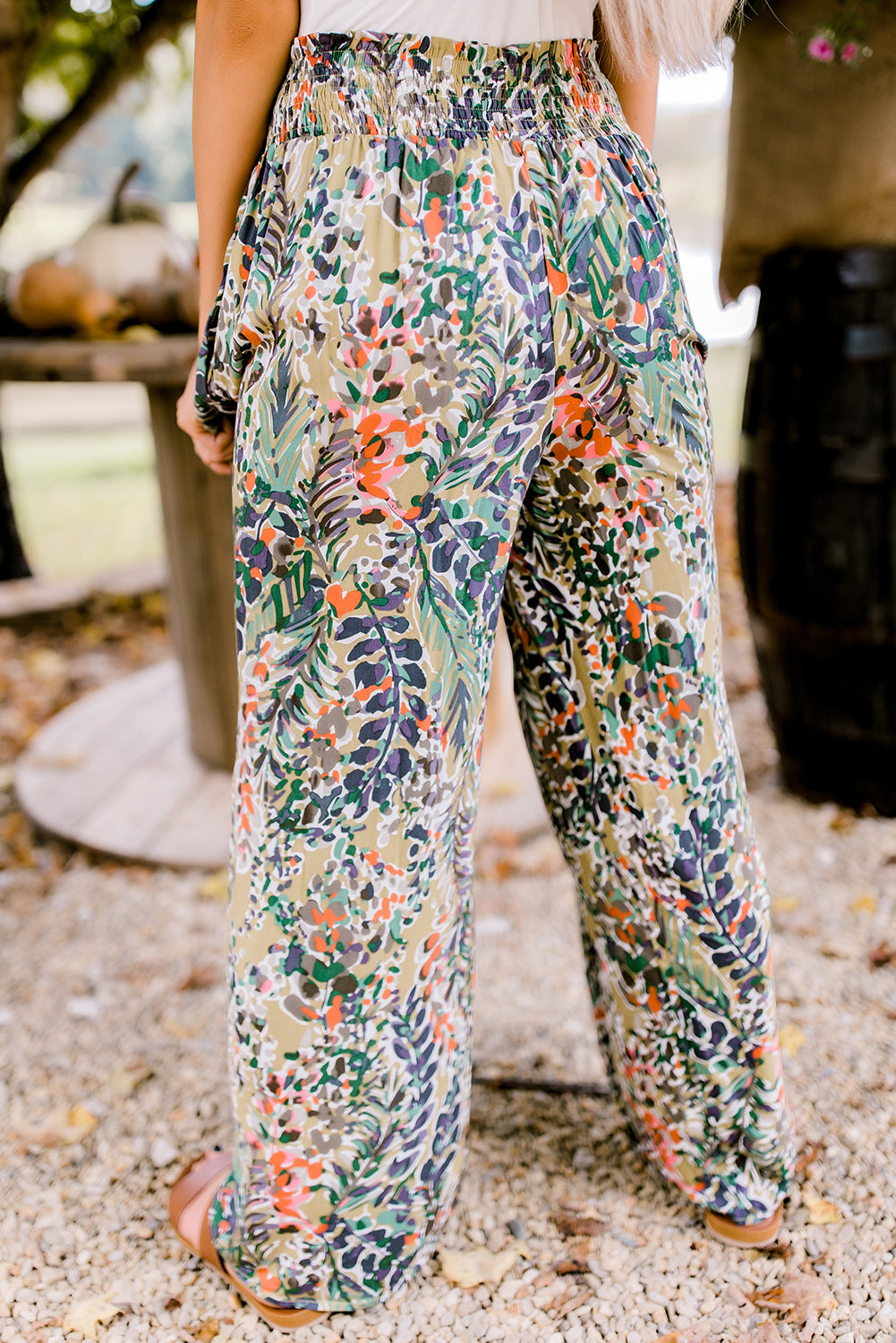 Multicolor Floral Print Shirred High Waist Wide Leg Casual Pants - SELFTRITSS