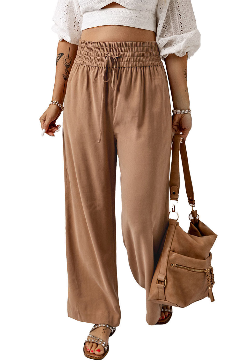 Brown Drawstring Elastic Waist Casual Wide Leg Pants - SELFTRITSS   