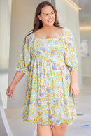Multicolor Plus Size Floral Print Ruffle Bubble Sleeve Babydoll Dress - SELFTRITSS