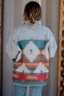 Sky Blue Plus Size Denim Aztec Jacket - SELFTRITSS