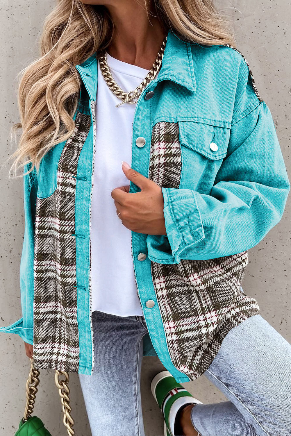 Sky Blue Plaid Patchwork Pockets Denim Jacket - SELFTRITSS   