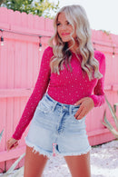 Rose Rhinestone O-neck Long Sleeve Bodysuit - SELFTRITSS   