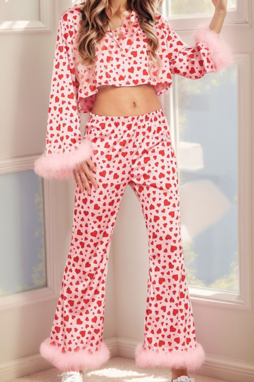 Fuzzy Trim Heart Print Cropped Top and Flare Pants Set - SELFTRITSS