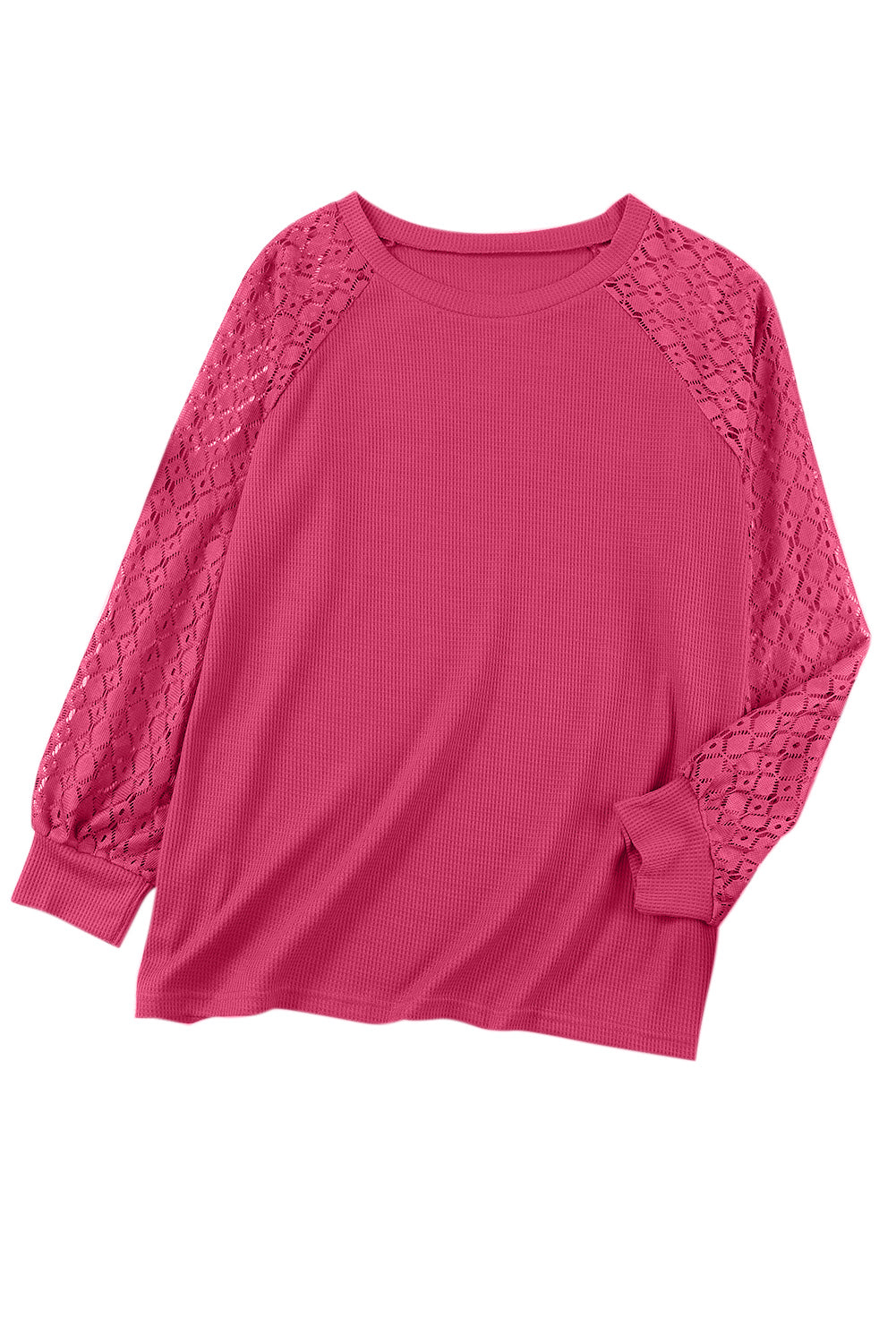 Strawberry Pink Plus Size Contrast Lace Sleeve Waffle Knit Top - SELFTRITSS