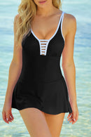 Black Strappy V Neck Side Split One-piece Swimdress - SELFTRITSS   