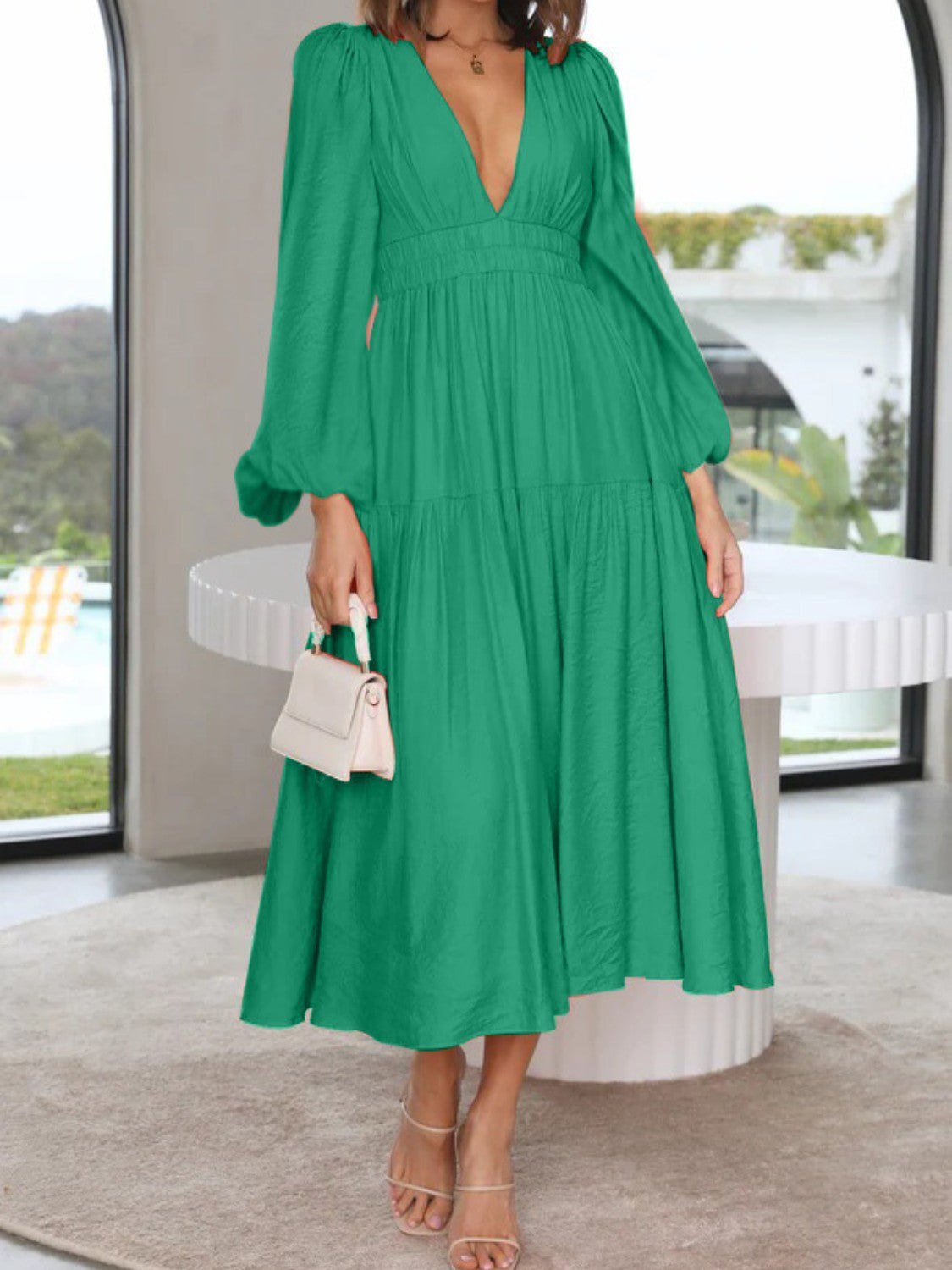 Deep V-Neck Balloon Sleeve Plain Maxi Dress - SELFTRITSS   