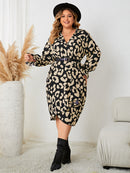 Plus Size Leopard Surplice Neck Flounce Sleeve Dress - SELFTRITSS