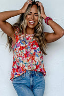 Red Frilled Neck Pleated Boho Floral Tank Top - SELFTRITSS   