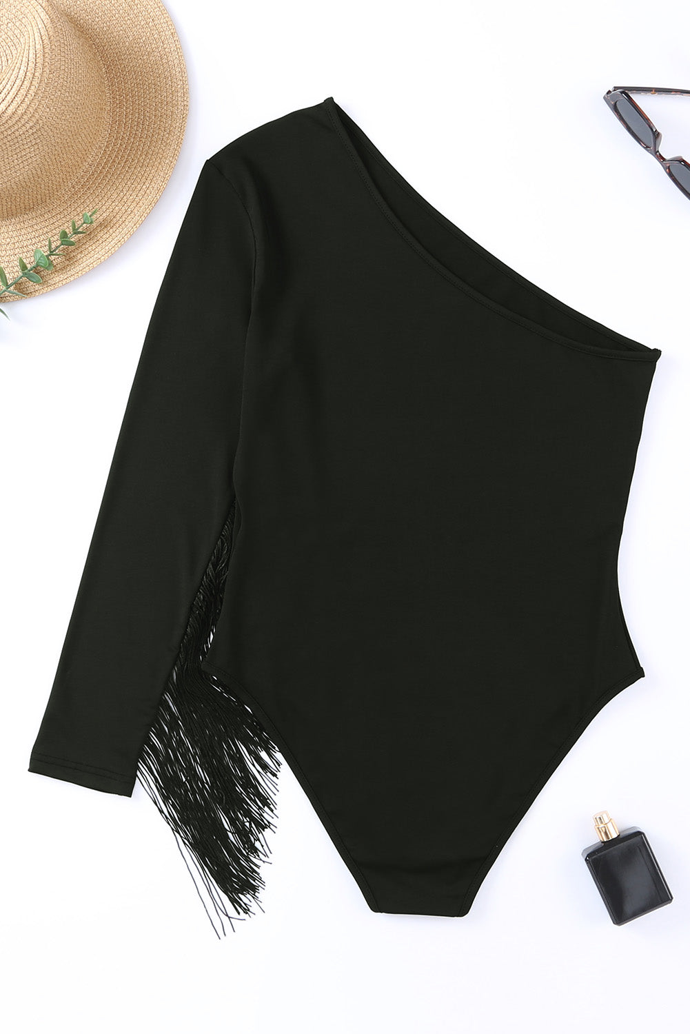 Black One Shoulder Fringed Long Sleeve Bodysuit - SELFTRITSS