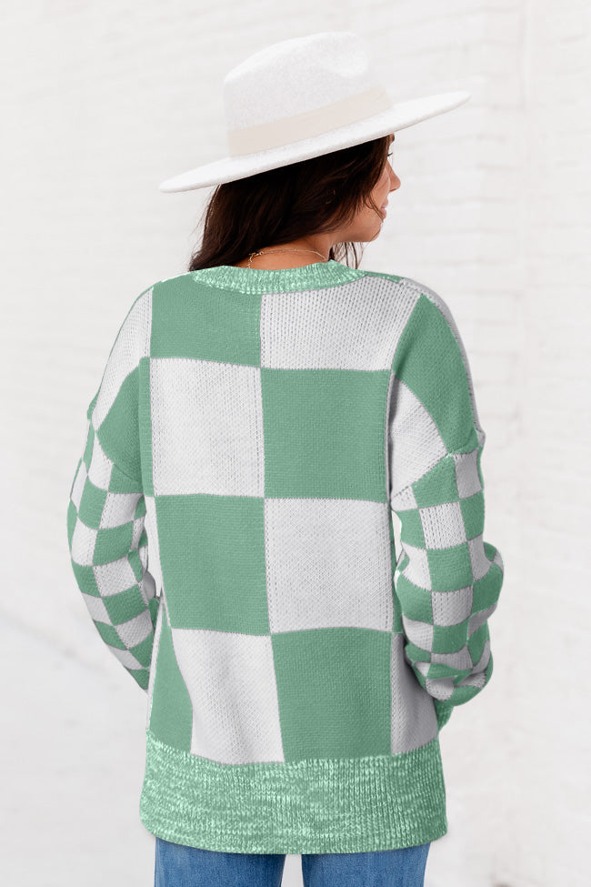 Mint Green Checkered Print Drop Shoulder Sweater - SELFTRITSS   