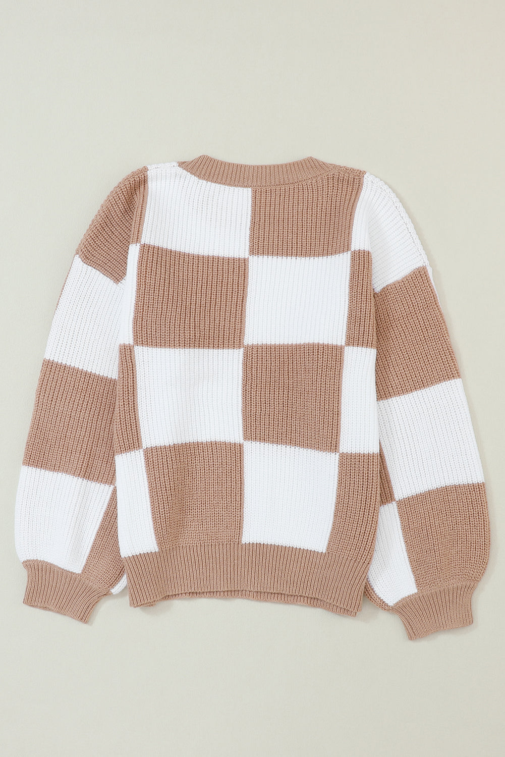 Checkered Ribbed Knit Puff Sleeve Sweater - SELFTRITSS
