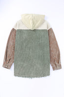 Green Color Block Button Down Hooded Corduroy Jacket - SELFTRITSS   