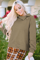 Apricot Quilted Buttoned Neckline Stand Neck Pullover Sweatshirt - SELFTRITSS