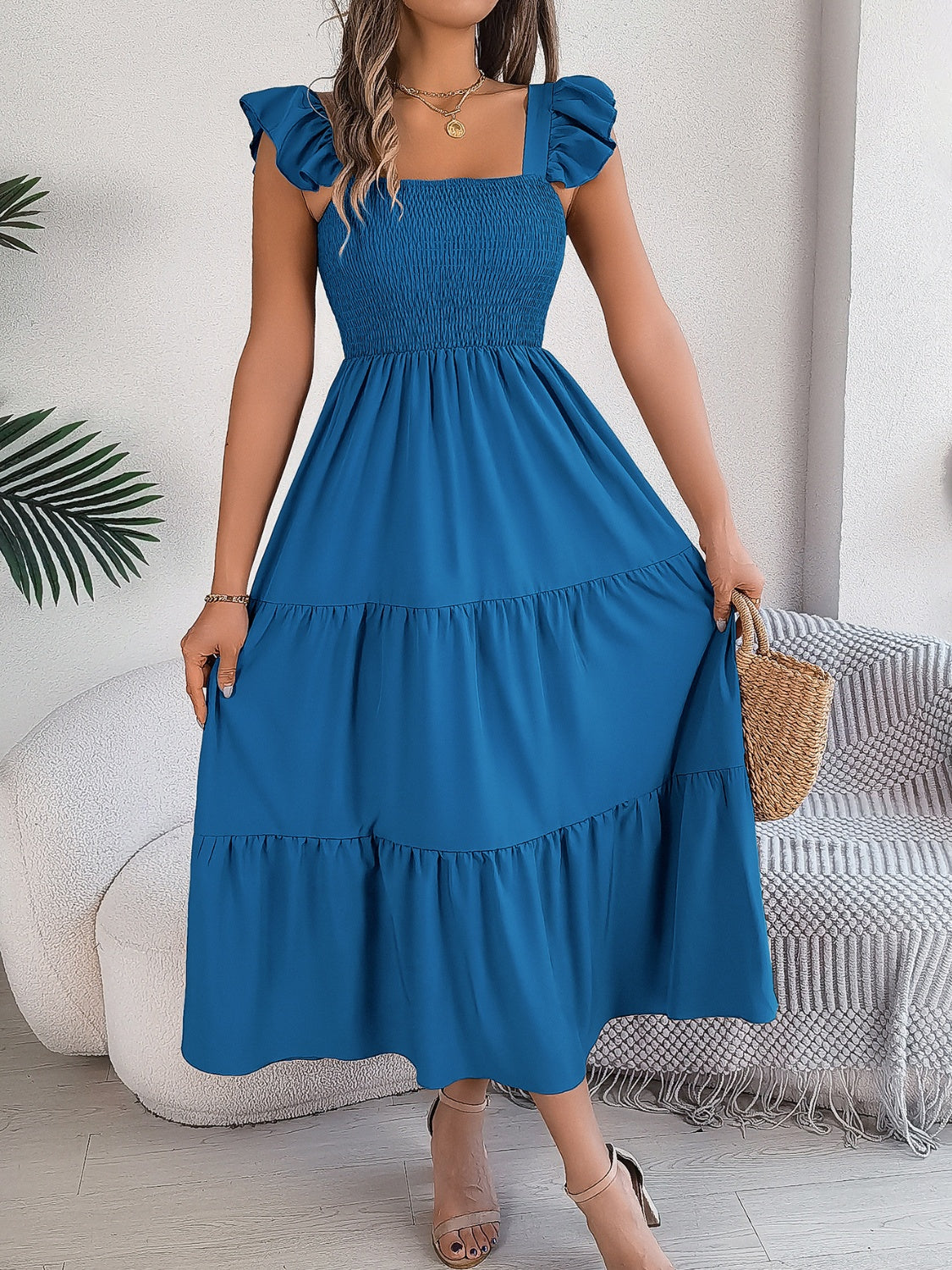 Smocked Square Neck Cap Sleeve Midi Dress - SELFTRITSS   