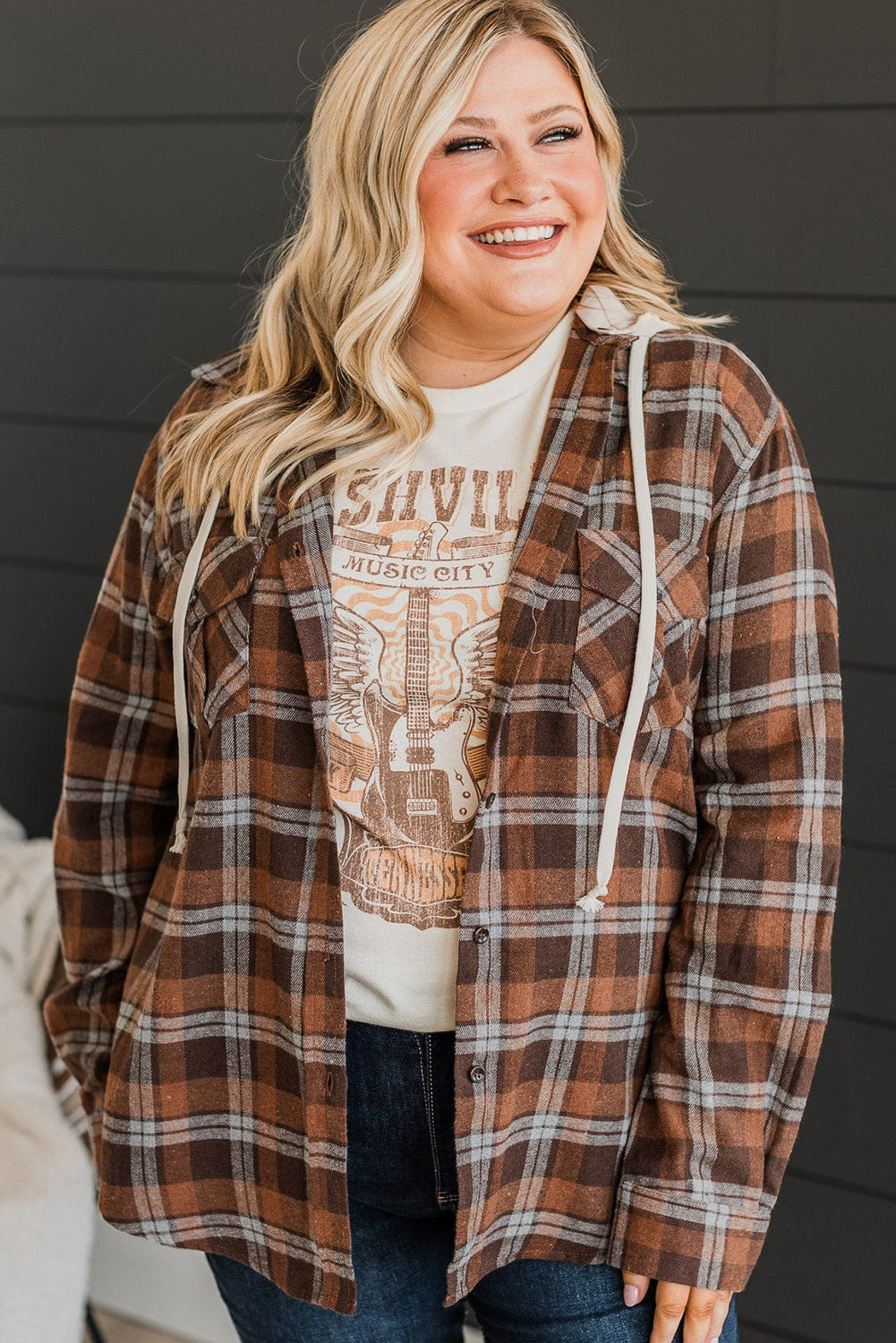 Brown Plus Size Plaid Contrast Button up Hooded Jacket - SELFTRITSS