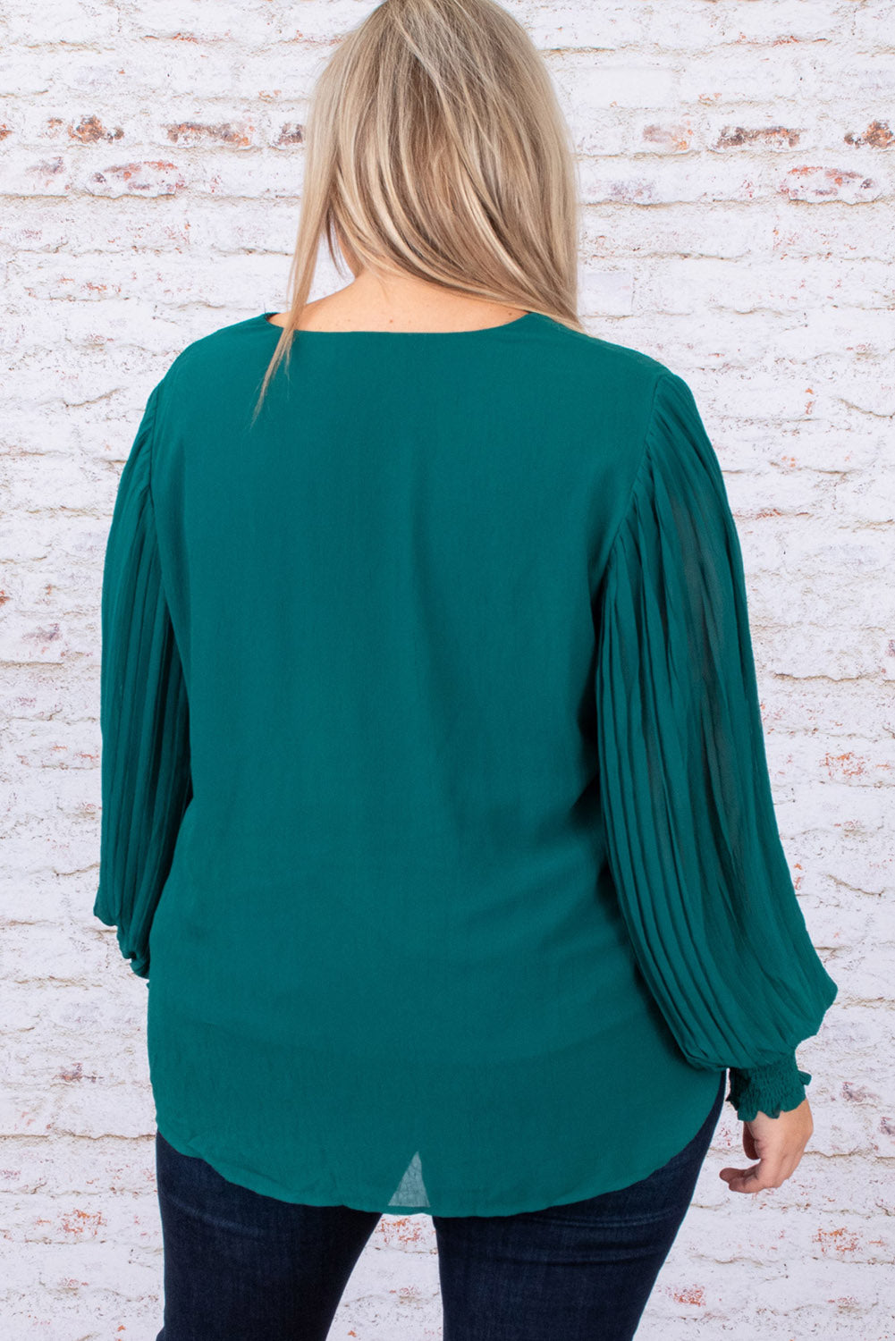 Green Pleated Bubble Sleeve Plus Size Blouse - SELFTRITSS