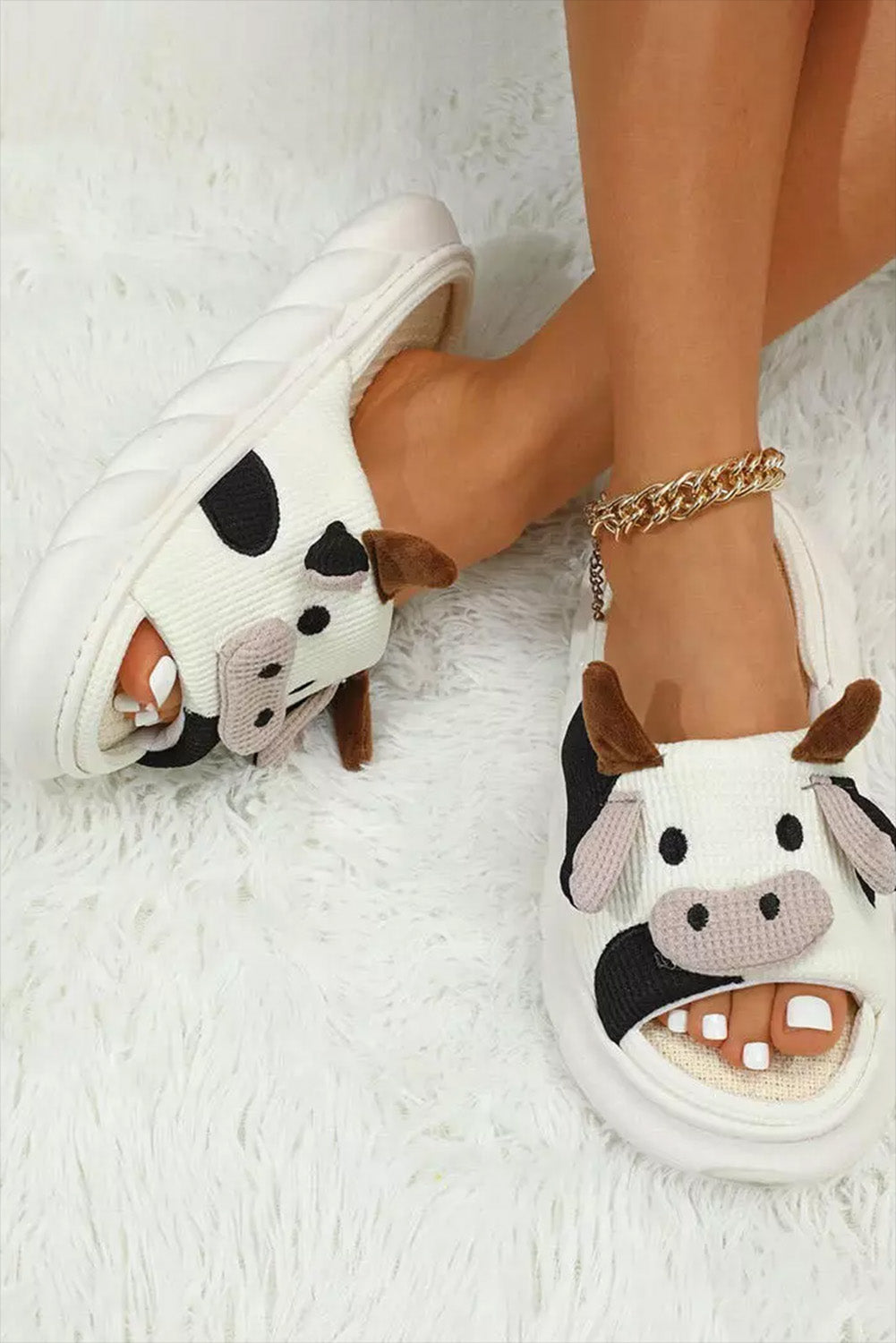 White Cute Cow Pattern Open Toe Slippers - SELFTRITSS