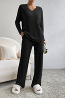 Black Ribbed Knit V Neck Slouchy Two-piece Outfit - SELFTRITSS   