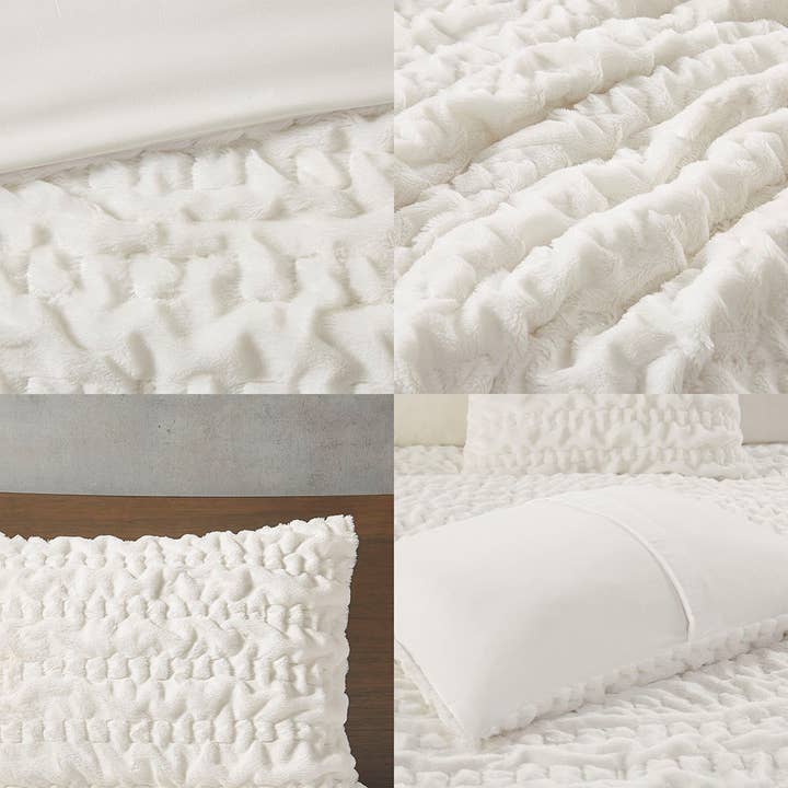 Ruched Faux Fur All-Season Comforter Set, Ivory - SELFTRITSS