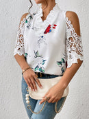 Full Size Lace Printed Half Sleeve Blouse - SELFTRITSS