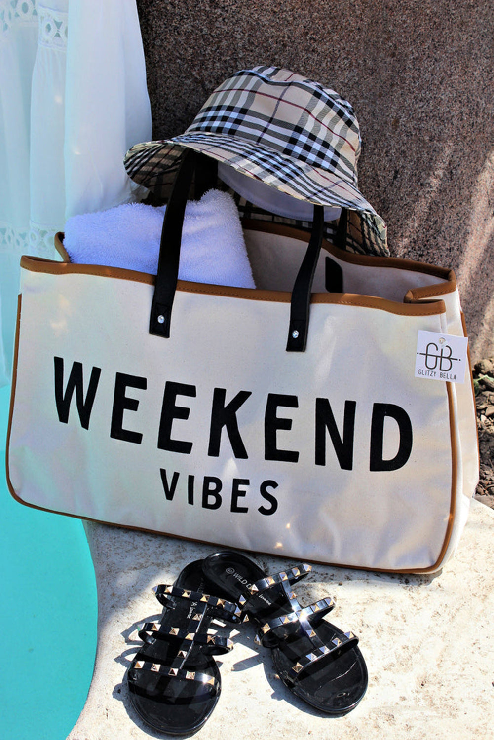 White WEEKEND VIBES Canvas Tote - SELFTRITSS