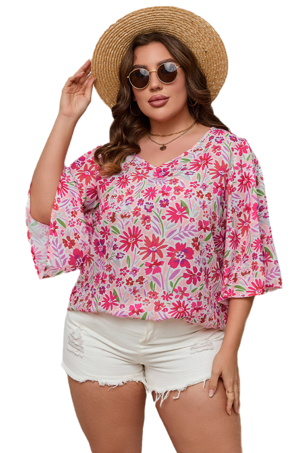 Pink Floral Ruffled Half Sleeve V-Neck Plus Size Blouse - SELFTRITSS