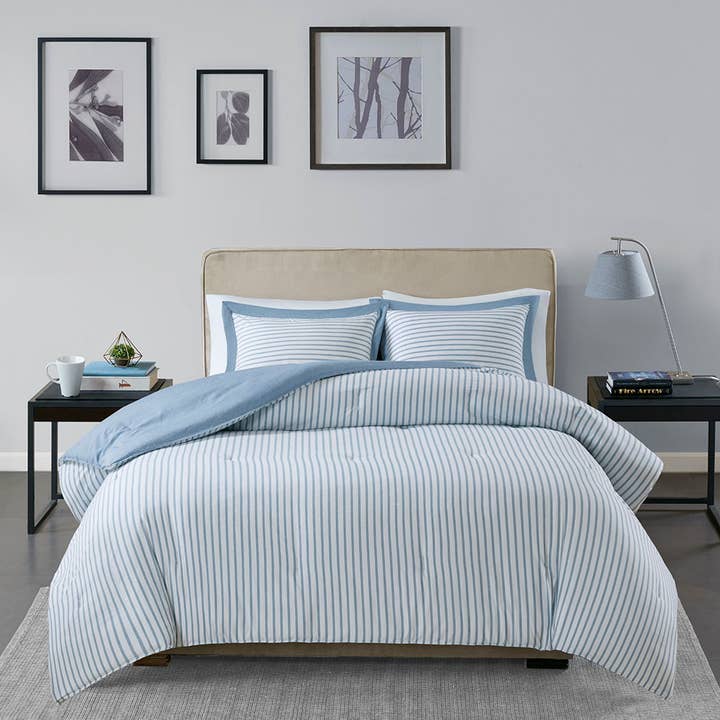 Reversible Striped/Solid Comforter Mini Set, Blue - SELFTRITSS