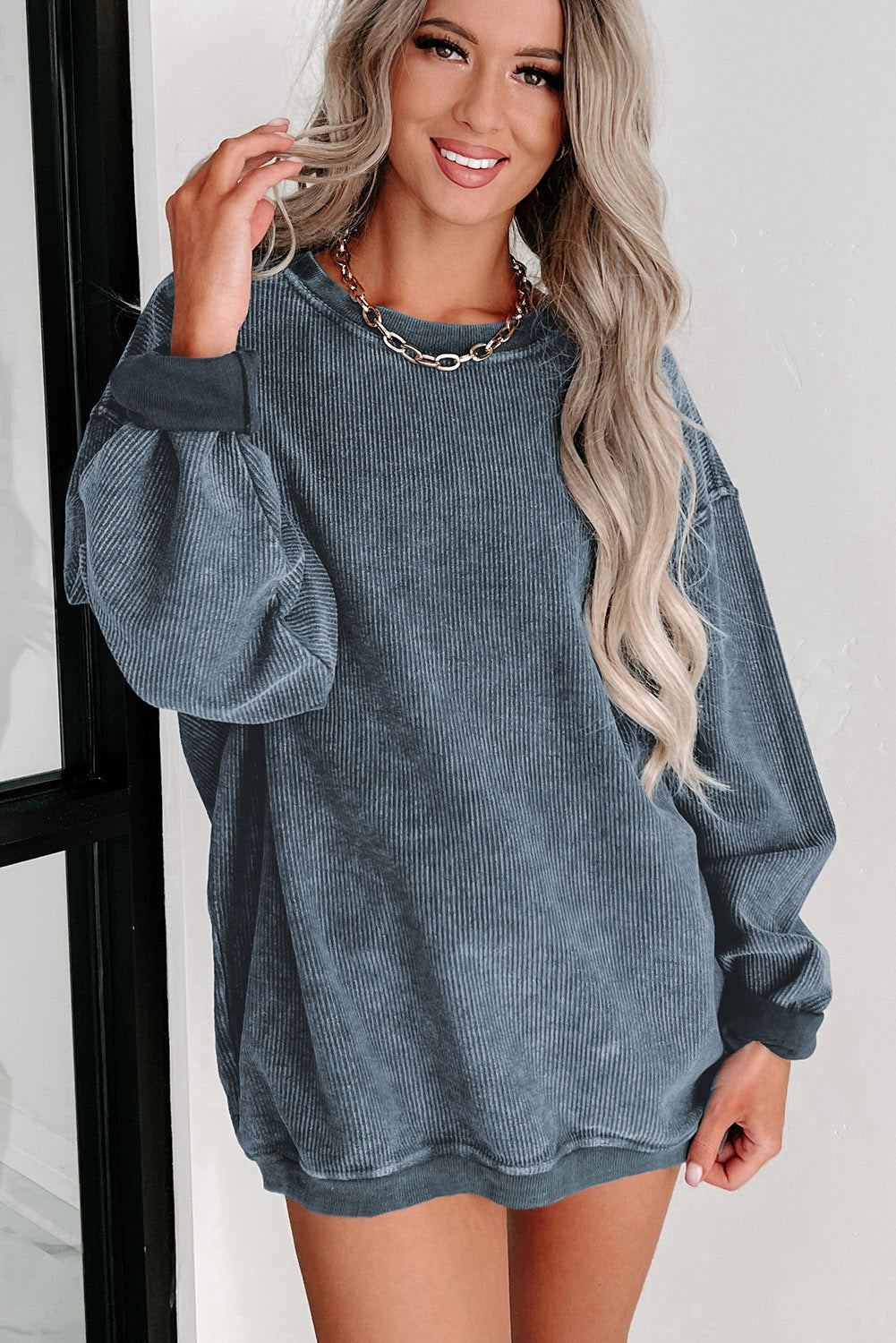 Blue Solid Ribbed Knit Round Neck Pullover Sweatshirt