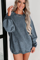 Blue Solid Ribbed Knit Round Neck Pullover Sweatshirt - SELFTRITSS   