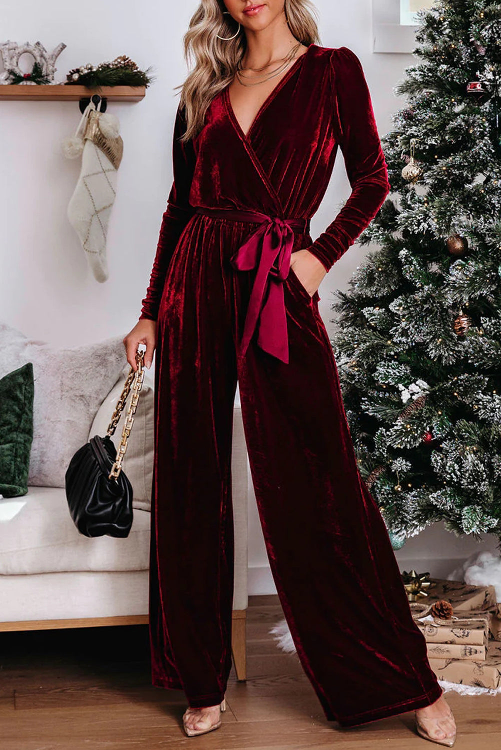 Fiery Red Velvet Pocketed Cut out Back Wide Leg Jumpsuit - SELFTRITSS