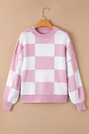 Pink Checkered Bishop Sleeve Sweater - SELFTRITSS