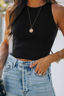 Black Rib Knit Crew Neck Sleeveless Crop Top - SELFTRITSS