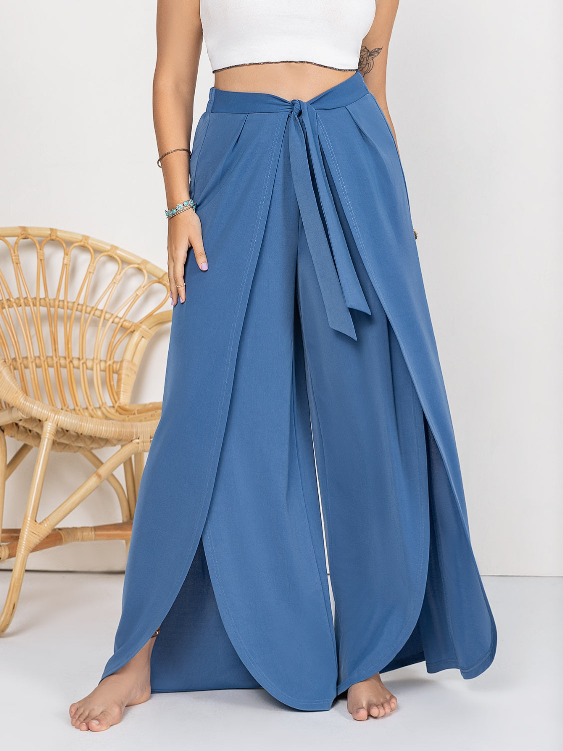 Plus Size Tied Slit Wide Leg Pants - SELFTRITSS