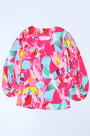 Pink Plus Size Graffiti Print Split Neck Puff Sleeve Blouse - SELFTRITSS