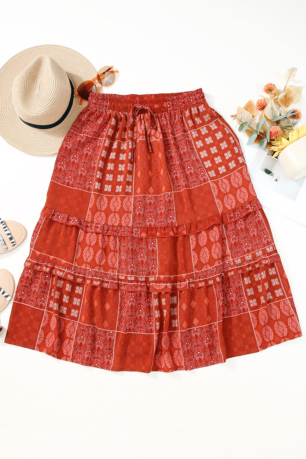 Fiery Red Bohemian Mix Print Long Flared Skirt - SELFTRITSS
