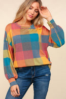 Haptics Round Neck Color Block Plaid Top - SELFTRITSS   